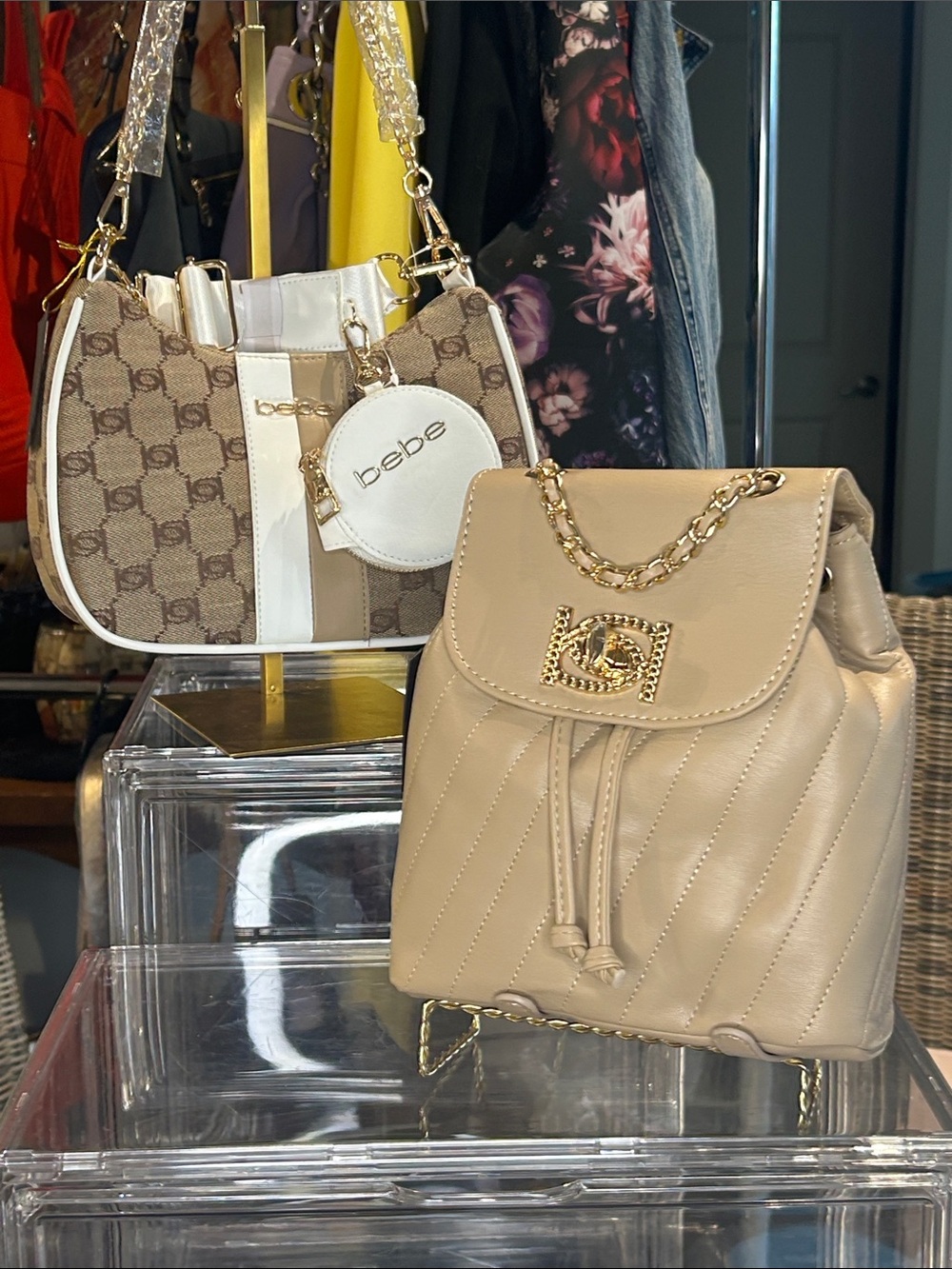 bebe Beige Quilted Backpack & Canvas Crossbody Bundle with Gold Hardware NWT